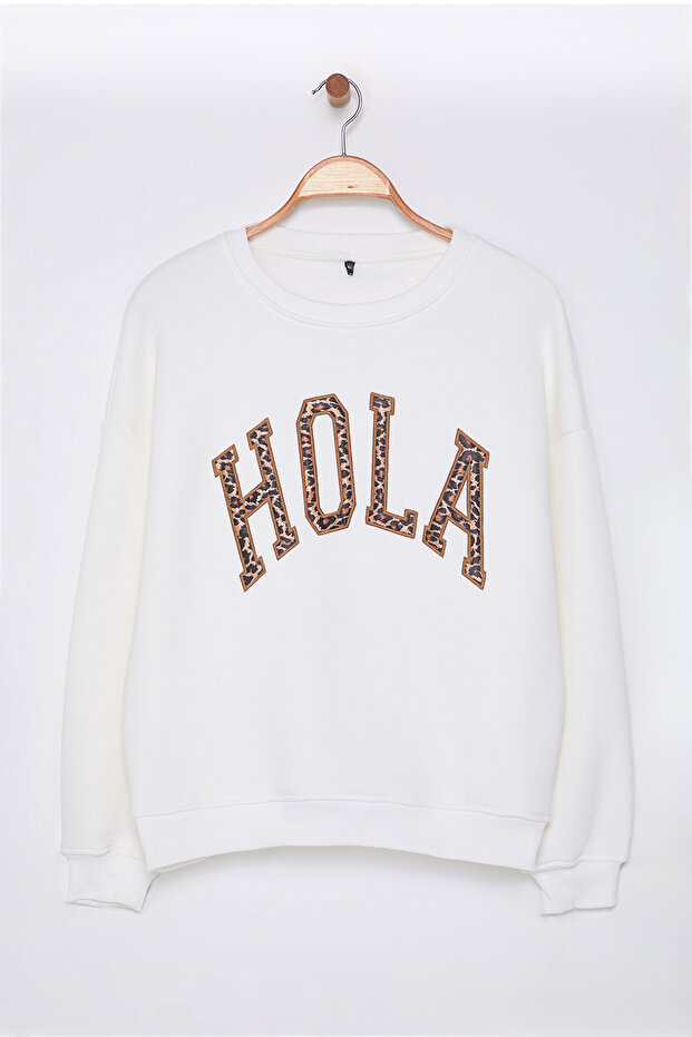 Ekru Animal Leopar Slogan Baskılı Sweatshirt TEDAW25SW00080 - 5