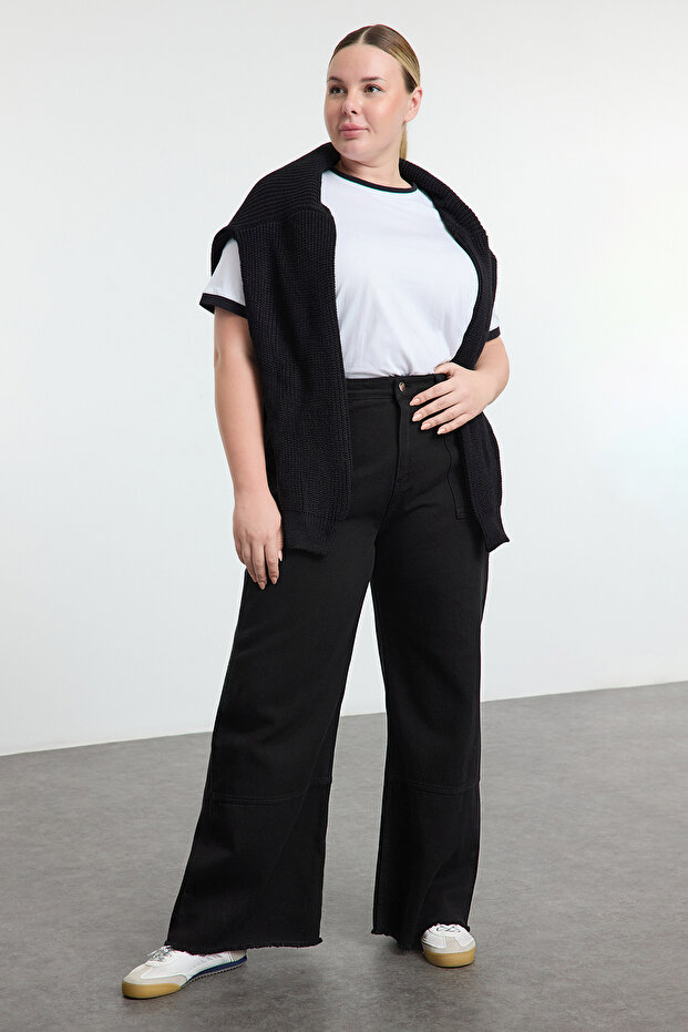 Siyah Yüksek Bel Geniş Paça %100 Pamuk Büyük Beden Wide Leg Jeans TBBAW25CJ00001 - 1