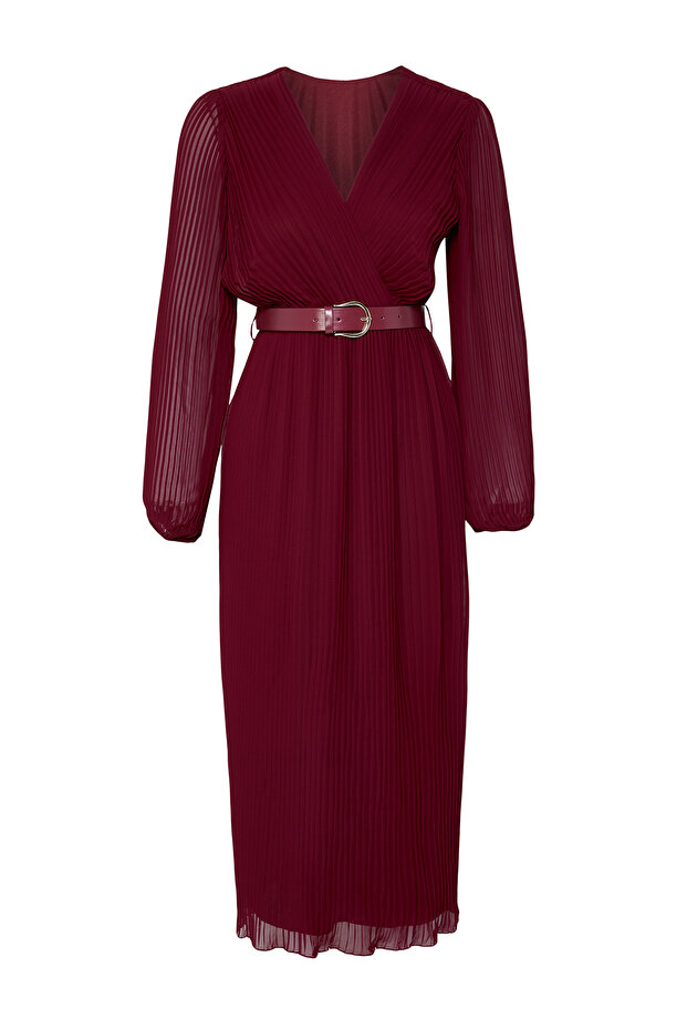 Bordo Kemerli A Kesim Piliseli Maxi Astarlı Şifon Uçuş Uçuş Dokuma Elbise TWOAW24EL00471 - 6