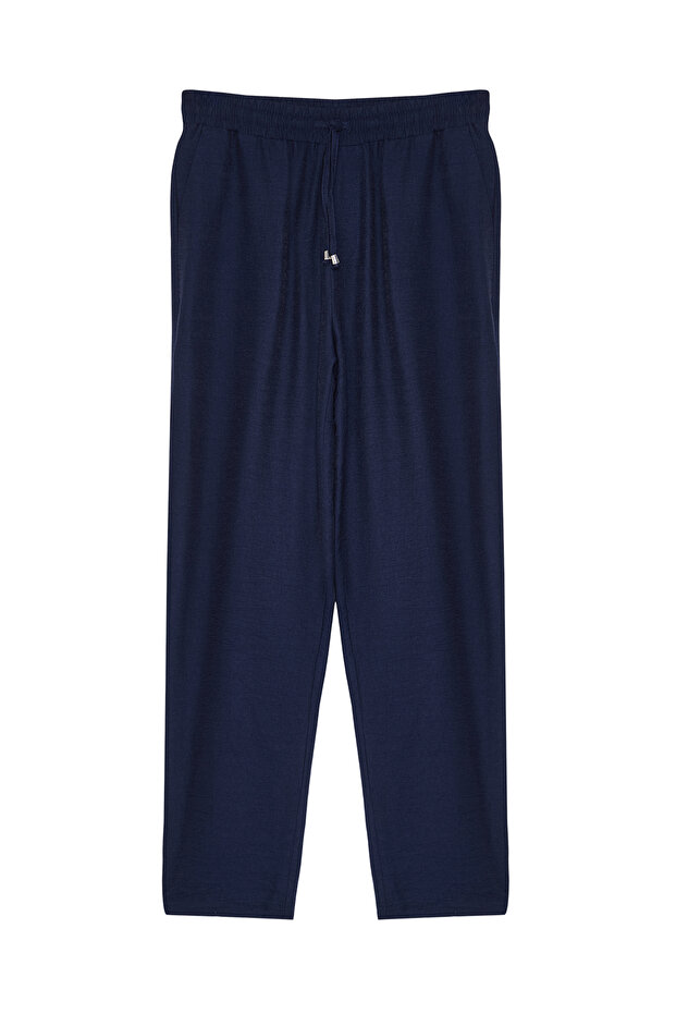 Lacivert Tapered Lastikli Beli Bağlamalı Keten Görünümlü Pantolon TMNSS20PL0547 - 12