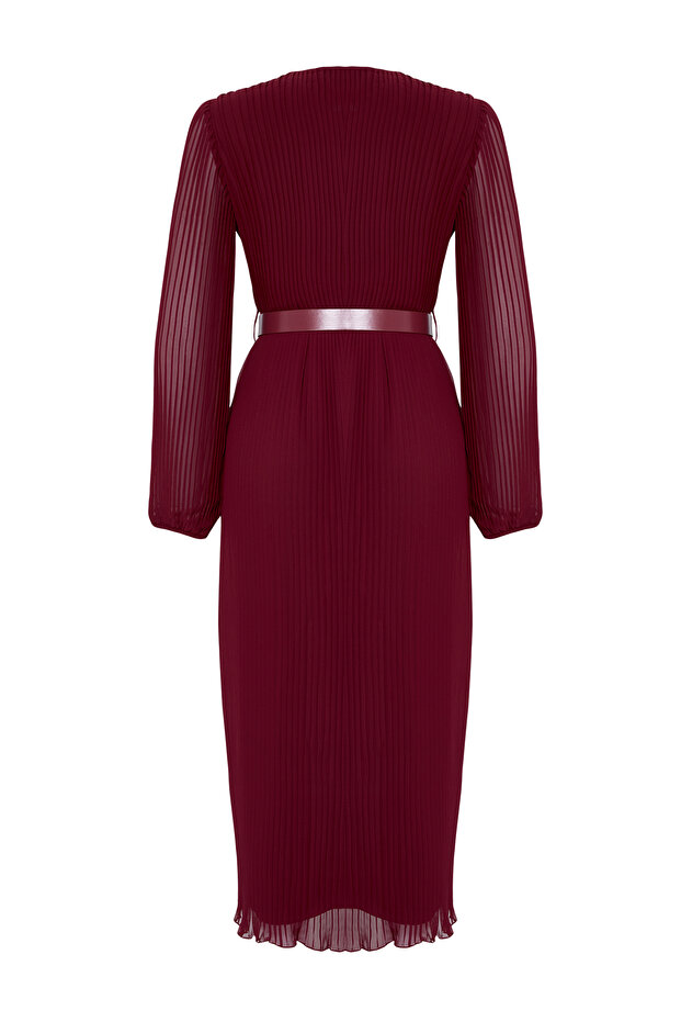 Bordo Kemerli A Kesim Piliseli Maxi Astarlı Şifon Uçuş Uçuş Dokuma Elbise TWOAW24EL00471 - 7