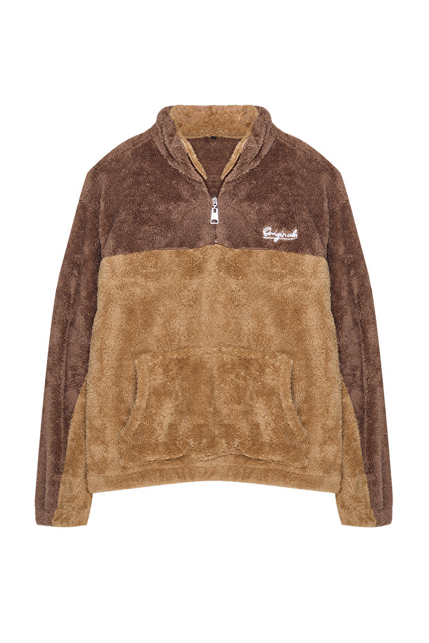 Camel Unisex Oversize/Geniş Kesim Renk Blok Sıcak Tutan Peluş Sweatshirt TMNAW22SW1477 - 14