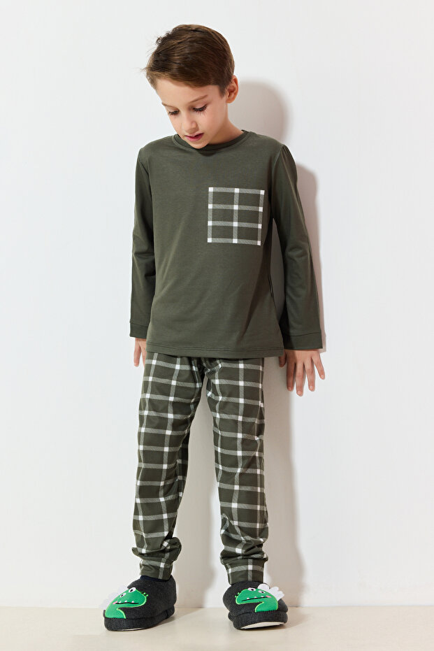 Haki Erkek Çocuk Ekose / Kareli Örme Pijama Set Alt-Üst Takım TKDAW25AU00113 - 1