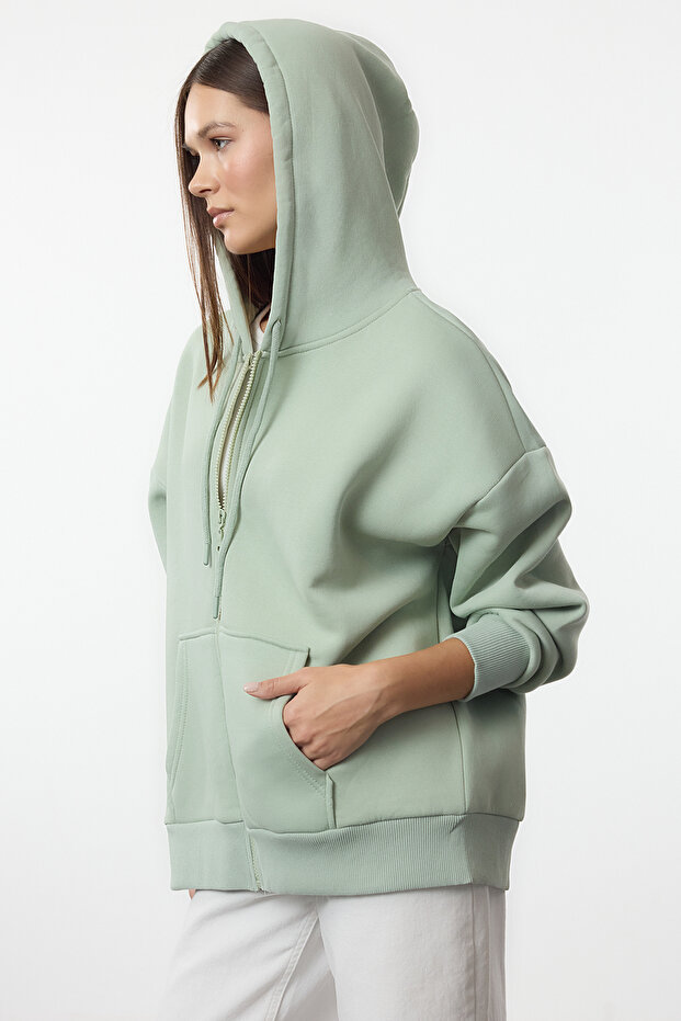 Mint Oversize/Rahat Kesim Fermuarlı Kalın İçi Polarlı Örme Sweatshirt TWOAW24SW00188 - 2