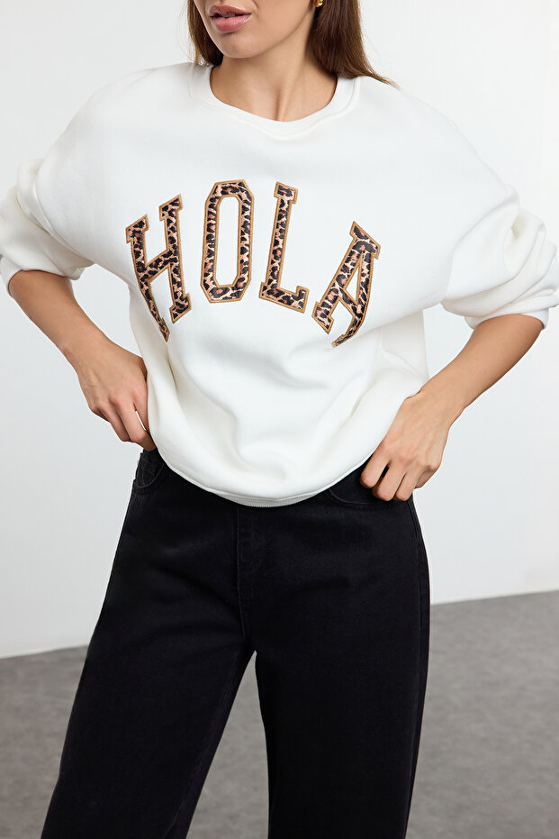 Ekru Animal Leopar Slogan Baskılı Sweatshirt TEDAW25SW00080 - 1