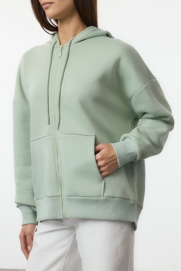 Mint Oversize/Rahat Kesim Fermuarlı Kalın İçi Polarlı Örme Sweatshirt TWOAW24SW00188 - 4