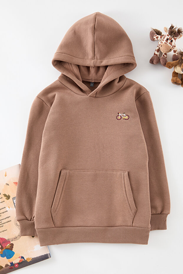 Kahverengi Unisex Baskılı Pamuklu Kapüşonlu Örme Mini Me Sweatshirt TKDAW25SW00077 - 1