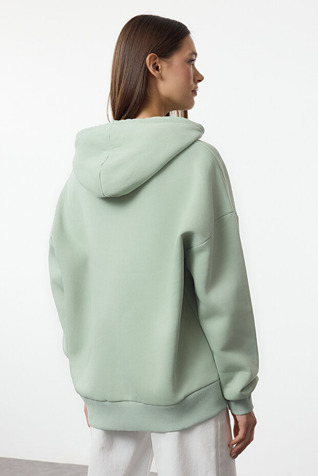 Mint Oversize/Rahat Kesim Fermuarlı Kalın İçi Polarlı Örme Sweatshirt TWOAW24SW00188 - 5