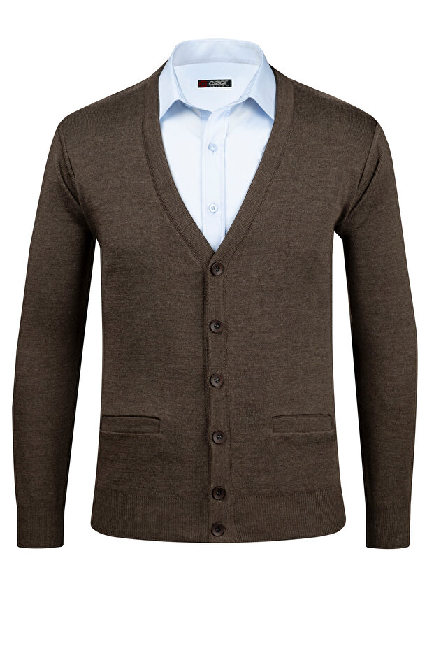 Men's Oversized V-Neck Cardigan Knitwear Brown Sweater Patterned Steel Knit Classic Fit - 4241Mb