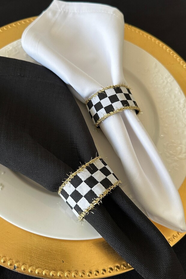 Set of 6 Handmade Woven Napkin Rings, 6 Napkin Holders, Napkin Rings, Lurex Fringed Checkerboard Pattern