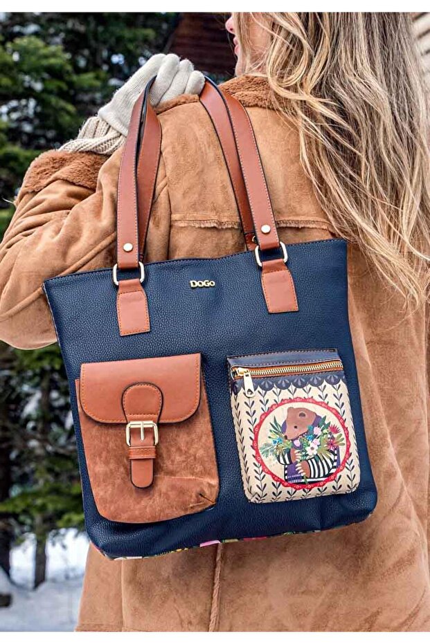 Women's Vegan Leather Navy Blue Shoulder Bag - Bear and Flowers Design