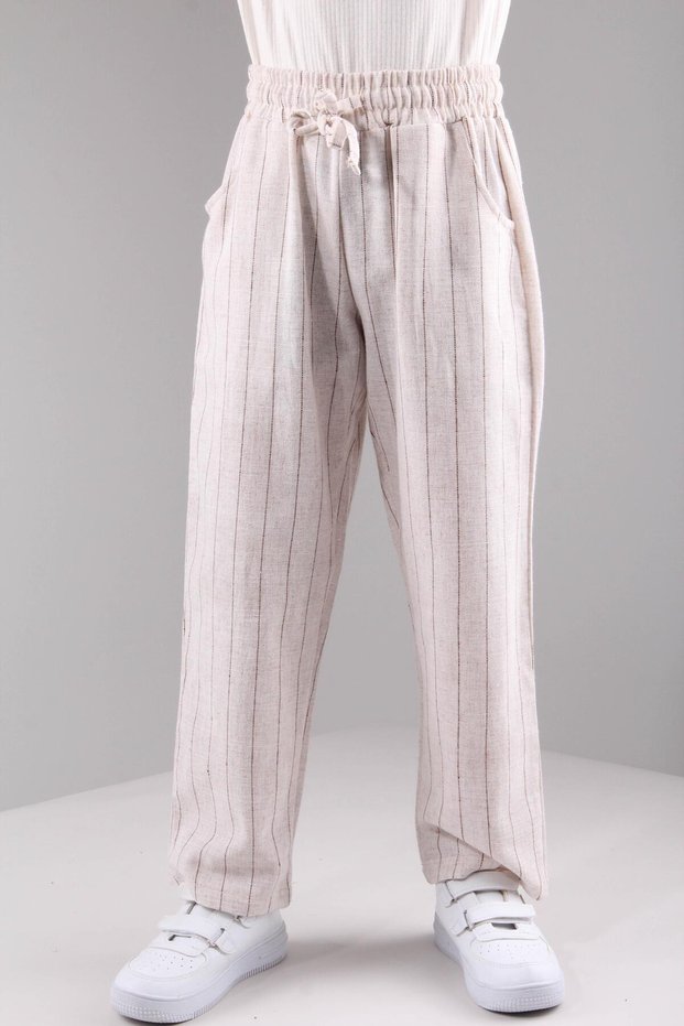 Pocketed Linen Trousers for Girls and Boys, Brown Striped