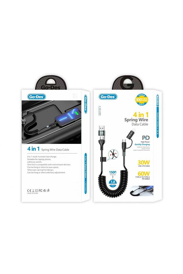 Go Des GD-UC805 4in1 Type-C+USB-A to Type-C+Lightning Sarmal PD Şarj ve Data Kablosu 60W 1.8M Siyah - 2