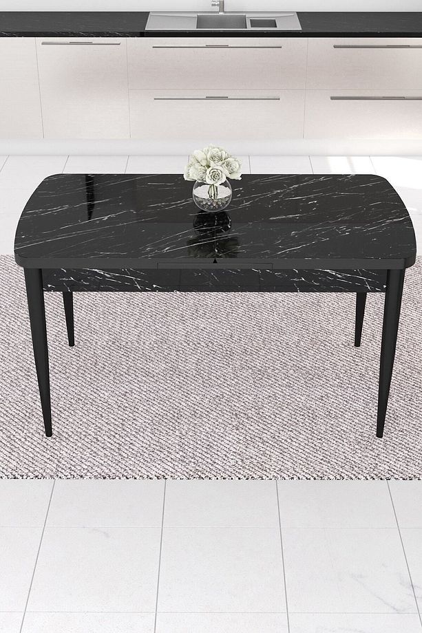 Taç Serisi Açılabilir Mutfak Masası Takımı 80x132 Siyah Mermer Desen Masa 6 Siyah Sandalye - 4