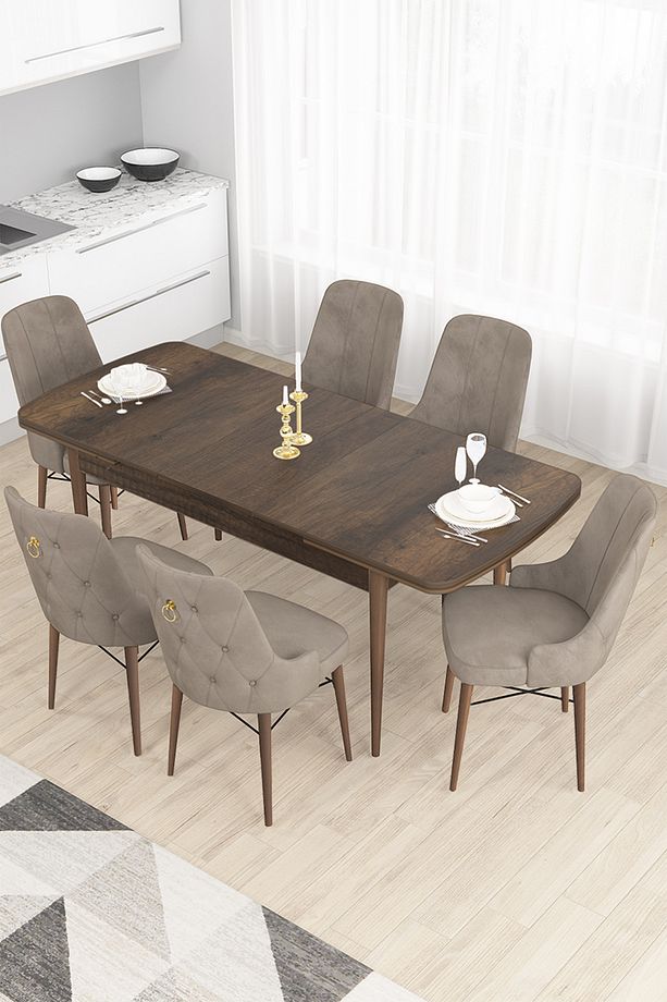 Taç Serisi Açılabilir Mutfak Masası Takımı 80x132 Barok Desen Masa 6 Cappucino Sandalye - 1
