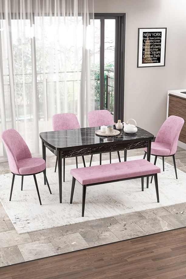 Via Serisi Açılabilir Mutfak Masası Takımı Siyah Mermer Desen Masa 4 Pembe Sandalye 1 Bench - 1