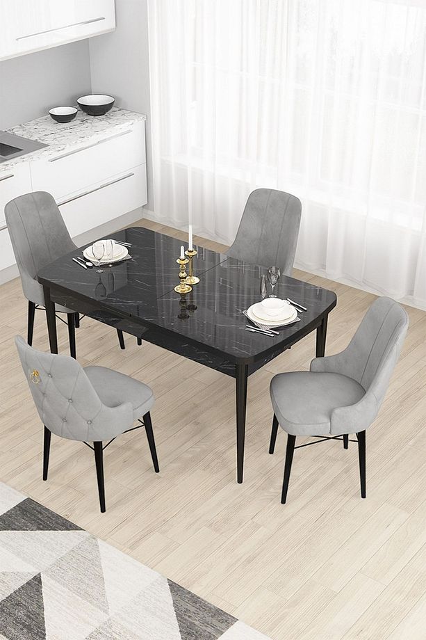 Taç Serisi Açılabilir Mutfak Masası Takımı 80x132 Siyah Mermer Desen Masa 4 Gri Sandalye - 1