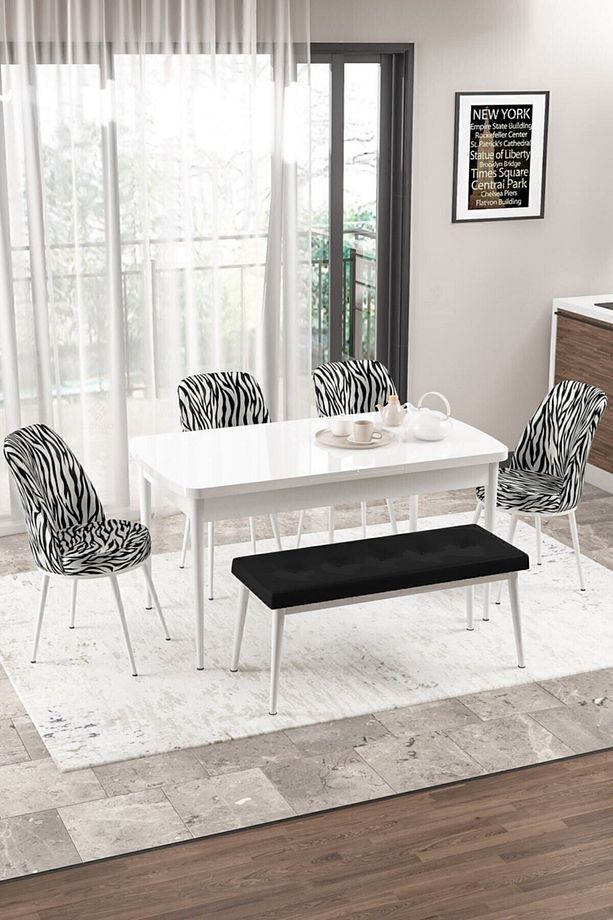 Via Serisi Açılabilir Mutfak Masası Takımı Beyaz Masa 4 Zebra Desen Sandalye 1 Siyah Bench - 1