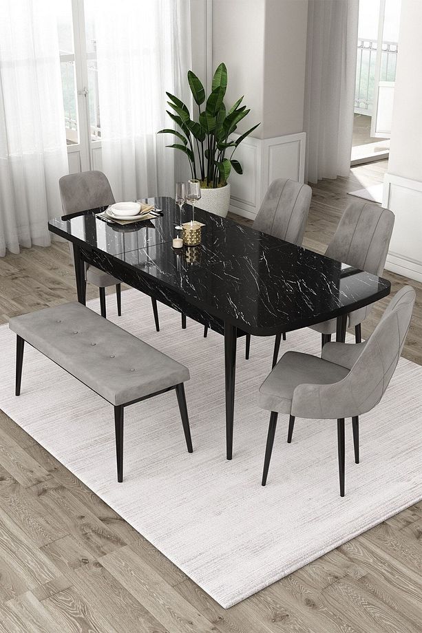Eta Serisi, 80x132 Açılabilir Mdf Masa Takımı,siyah Mermer Desen Masa 4 Gri Sandalye Ve 1 Bench - 2