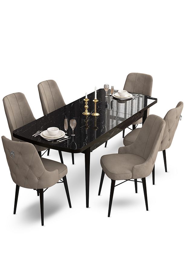Taç Serisi Açılabilir Mutfak Masası Takımı 80x132 Siyah Mermer Desen Masa 6 Cappucino Sandalye - 3