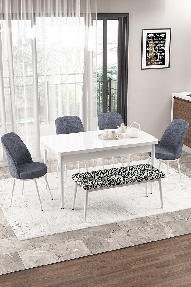 Via Serisi Açılabilir Mutfak Masası Takımı Beyaz Masa 4 Füme Sandalye 1 Zebra Desen Bench - 1