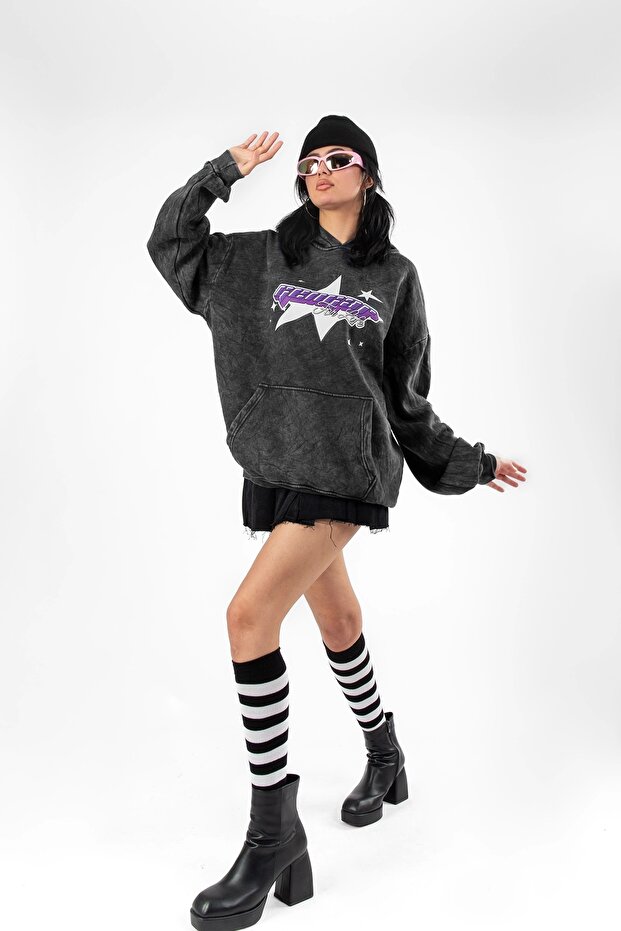 Washed y2K Gengar Back Printed Oversize Unisex Smoked Hoodie