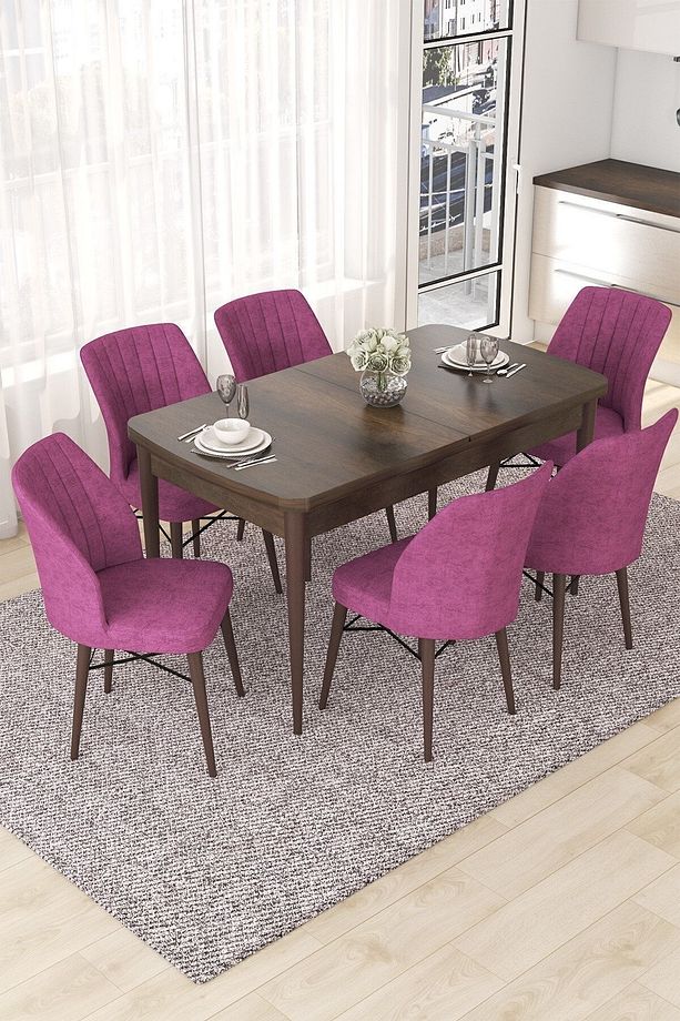 Nef Serisi 70x114 Açılabilir Mdf Barok Ahşap Desen Masa Takımı Ve 6 Mor Sandalye - 1