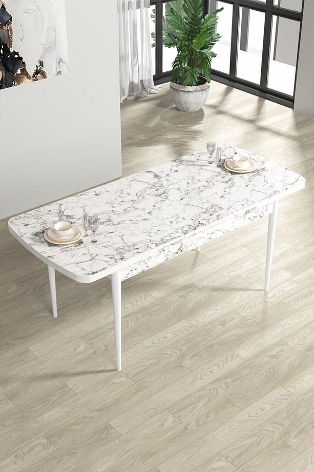 Rio Serisi Bench'li Beyaz Mermer Desenli Mdf Mutfak Masası 4 Zebra Sandalye - 5