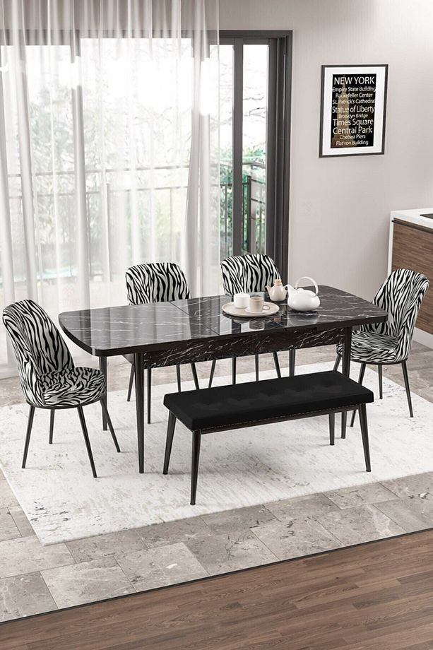 Via Serisi Açılabilir Mutfak Masası Takımı Siyah Mermer Desen Masa 4 Zebra Sandalye 1 Siyah Bench - 2