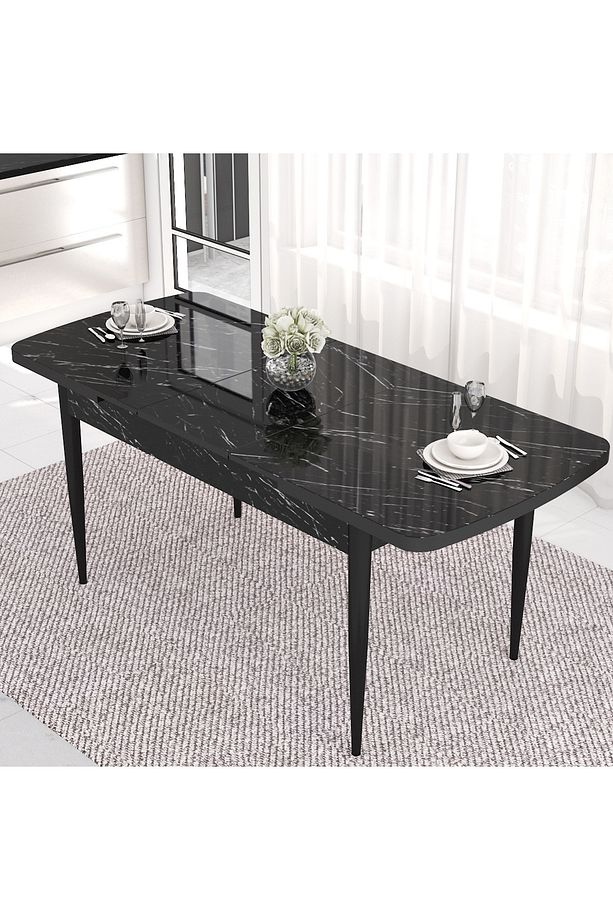 Taç Serisi Açılabilir Mutfak Masası Takımı 80x132 Siyah Mermer Desen Masa 6 Cappucino Sandalye - 5