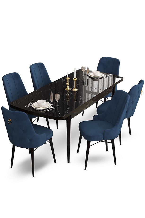 Taç Serisi Açılabilir Mutfak Masası Takımı 80x132 Siyah Mermer Desen Masa 6 Lacivert Sandalye - 3