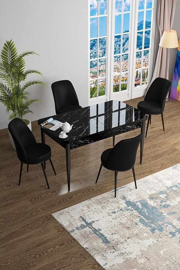 Han Serisi 70x114 Açılabilir Mdf Mutfak Masası Takımı Siyah Mermer Desen Masa 4 Siyah Sandalye - 1