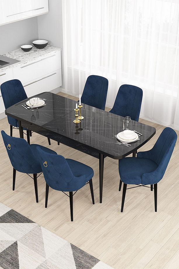 Taç Serisi Açılabilir Mutfak Masası Takımı 80x132 Siyah Mermer Desen Masa 6 Lacivert Sandalye - 1