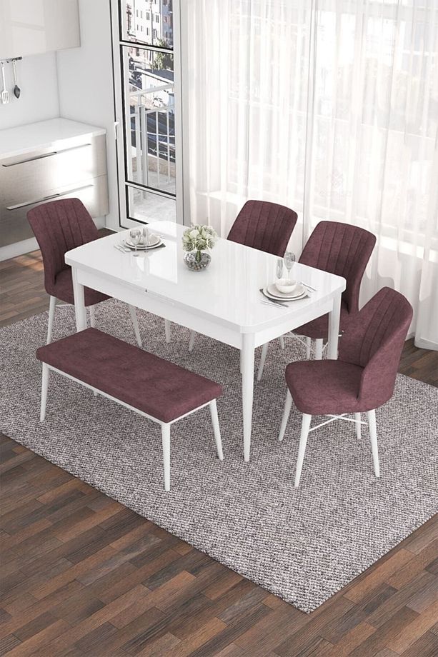Eva Serisi 80x132 Açılabilir Mdf Mutfak Masası Takımı Beyaz Masa 4 Gül Kurusu Sandalye 1 Bench - 1