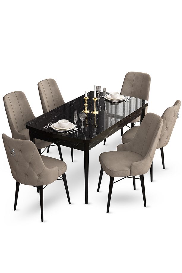 Taç Serisi Açılabilir Mutfak Masası Takımı 80x132 Siyah Mermer Desen Masa 6 Cappucino Sandalye - 2
