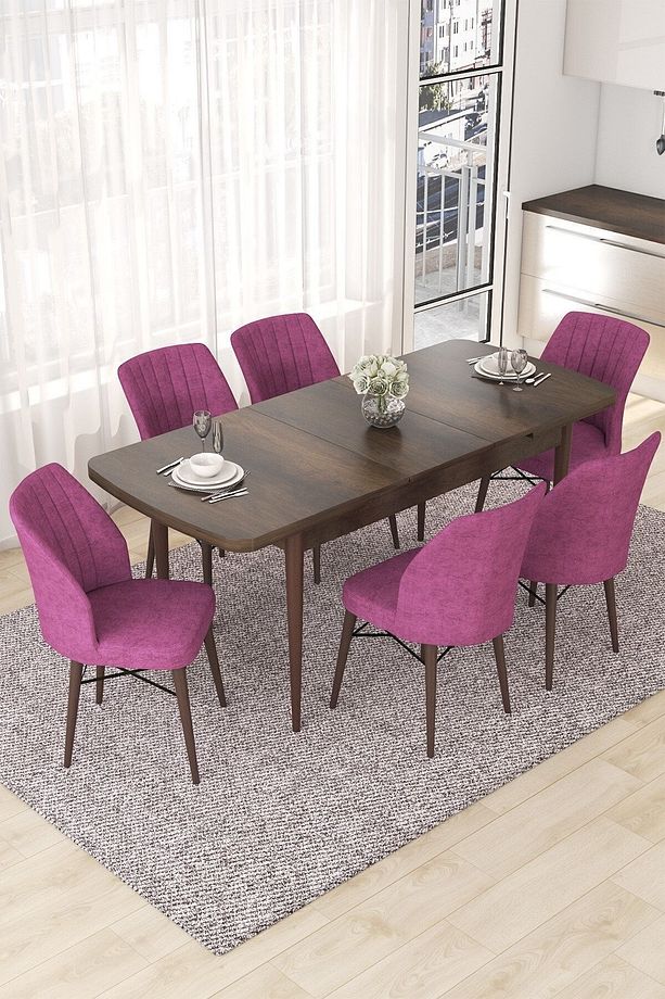 Nef Serisi 70x114 Açılabilir Mdf Barok Ahşap Desen Masa Takımı Ve 6 Mor Sandalye - 2