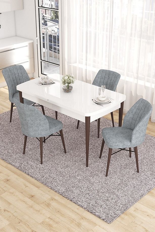 Eva Serisi 80x132 Açılabilir Mdf Mutfak Masası Takımı Barok Desen Masa 4 Gri Sandalye - 1
