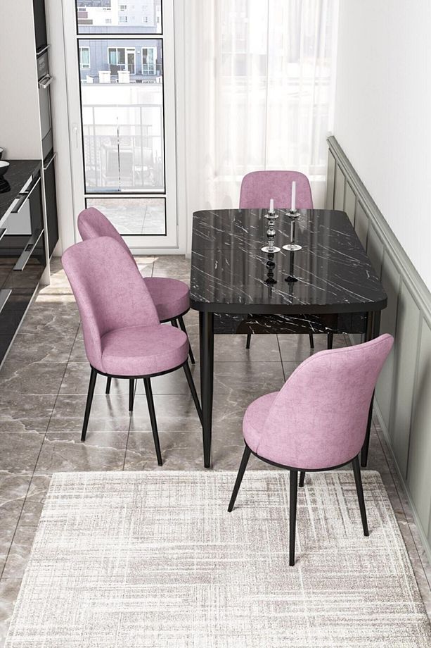 Kor Serisi 70x114 Açılabilir Mutfak Masası Takımı Siyah Mermer Desen Masa 4 Pembe Sandalye - 1