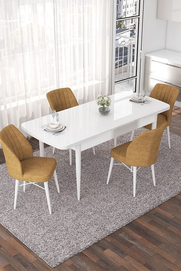 Nef Serisi 70x114 Açılabilir Mdf Beyaz Mutfak Masası Takımı Ve 4 Cappucino Sandalye - 2