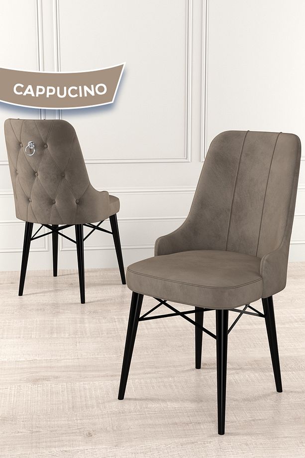 Taç Serisi Açılabilir Mutfak Masası Takımı 80x132 Siyah Mermer Desen Masa 6 Cappucino Sandalye - 6