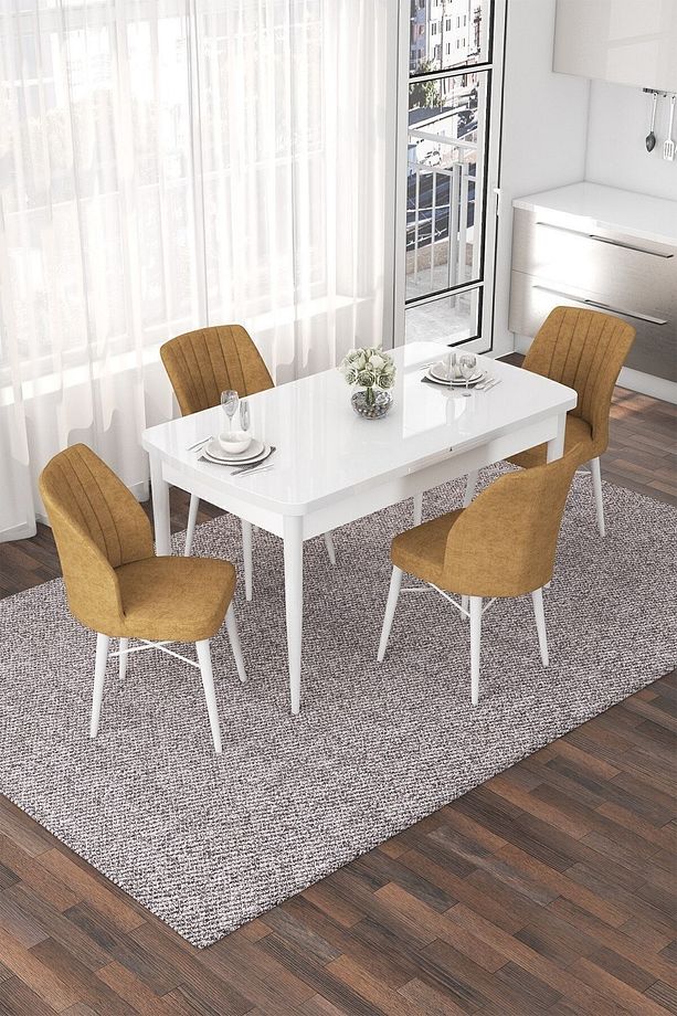 Nef Serisi 70x114 Açılabilir Mdf Beyaz Mutfak Masası Takımı Ve 4 Cappucino Sandalye - 1