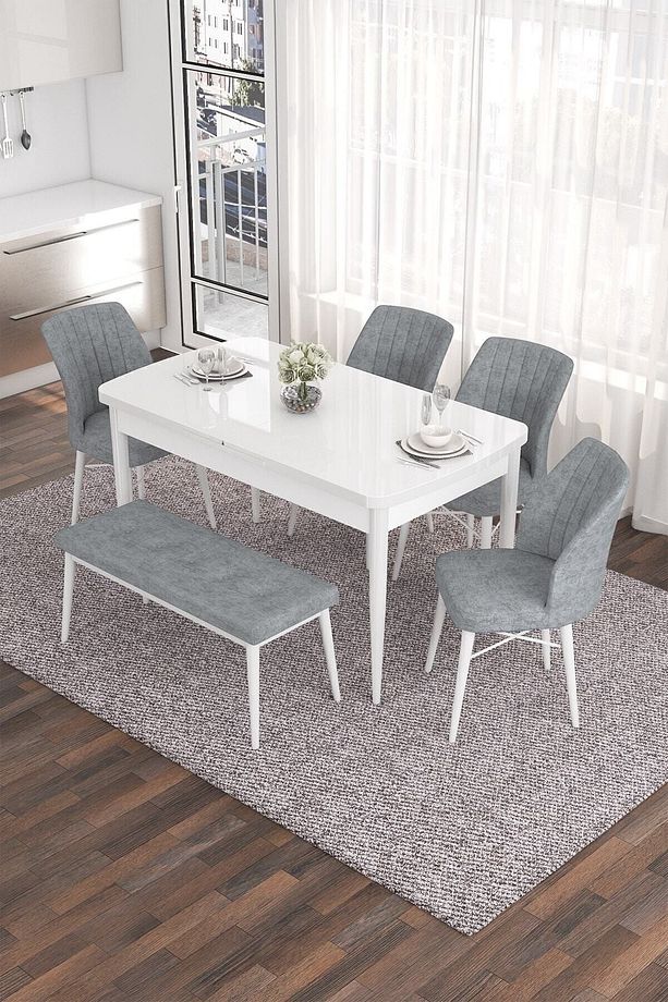 Eva Serisi, 80x132 Açılabilir Mdf Mutfak Masa Takımı, Beyaz Masa, 4 Gri Sandalye Ve 1 Bench - 1
