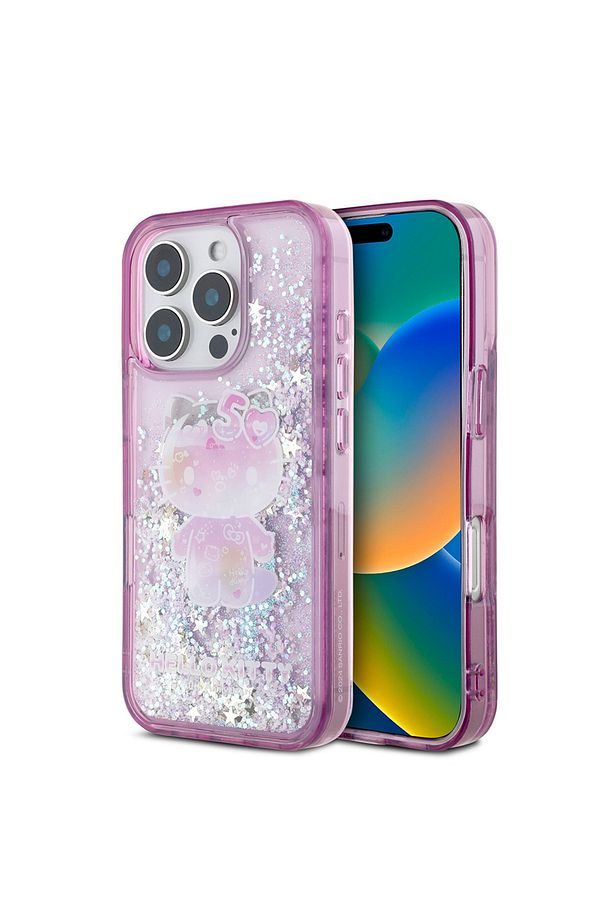 iPhone 16 Pro Uyumlu Kılıf Hello Kitty  Lisanslı Sıvılı Simli 50. Yıldönümü Partisi Kapak Mor - 1
