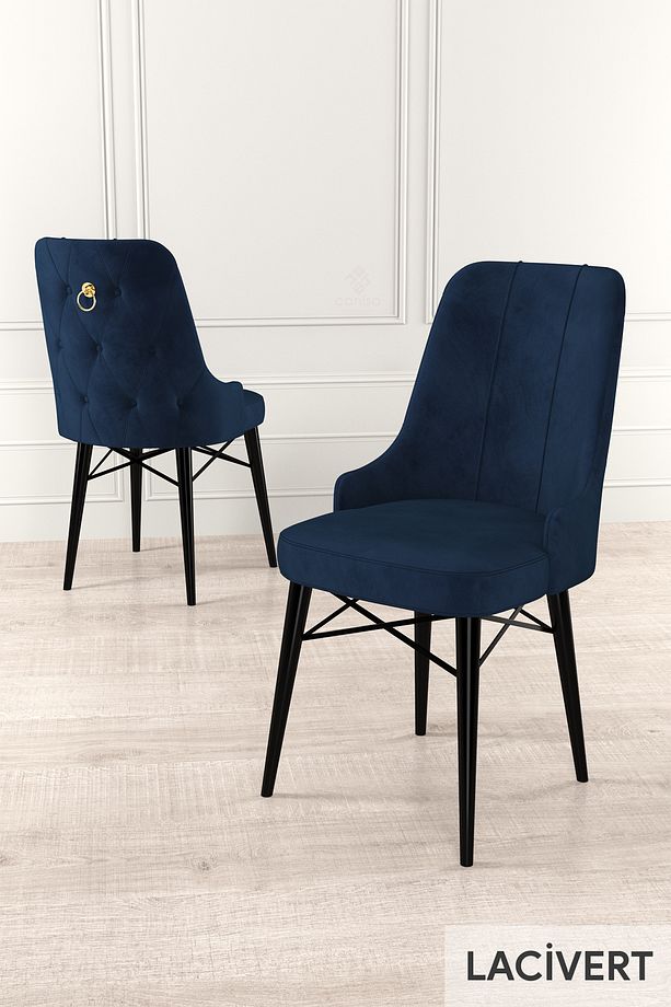 Taç Serisi Açılabilir Mutfak Masası Takımı 80x132 Siyah Mermer Desen Masa 6 Lacivert Sandalye - 6