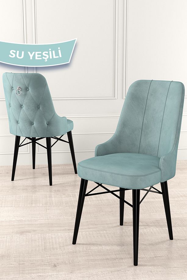 Taç Serisi Açılabilir Mutfak Masası Takımı 80x132 Siyah Mermer Desen Masa 6 Su Yeşili Sandalye - 6