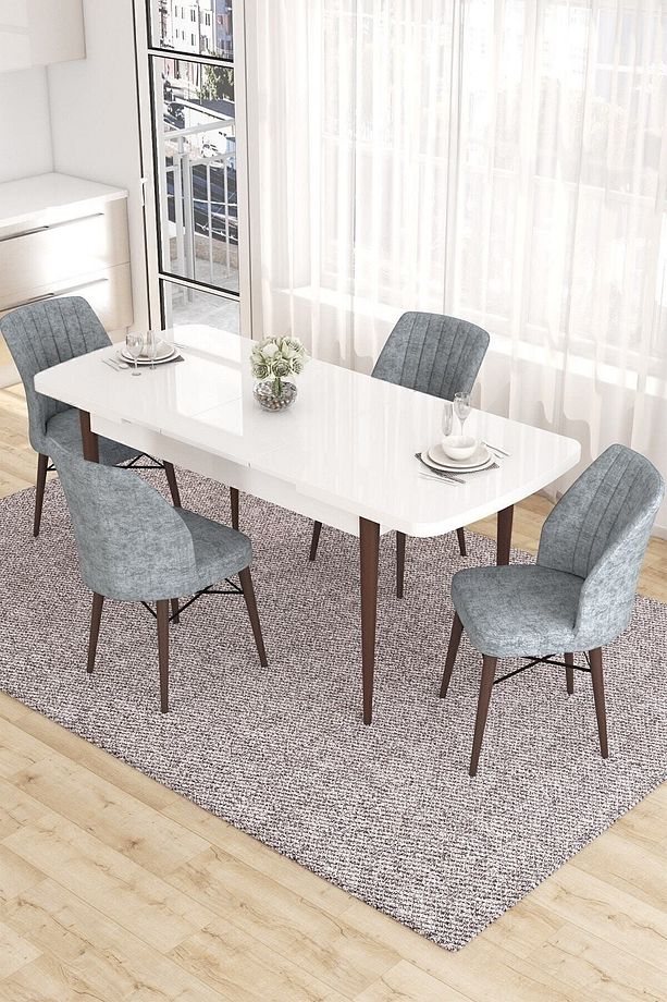 Eva Serisi 80x132 Açılabilir Mdf Mutfak Masası Takımı Barok Desen Masa 4 Gri Sandalye - 2