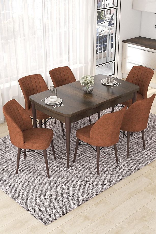 Nef Serisi 70x114 Açılabilir Mdf Barok Ahşap Desen Masa Takımı Ve 6 Kiremit Sandalye - 1