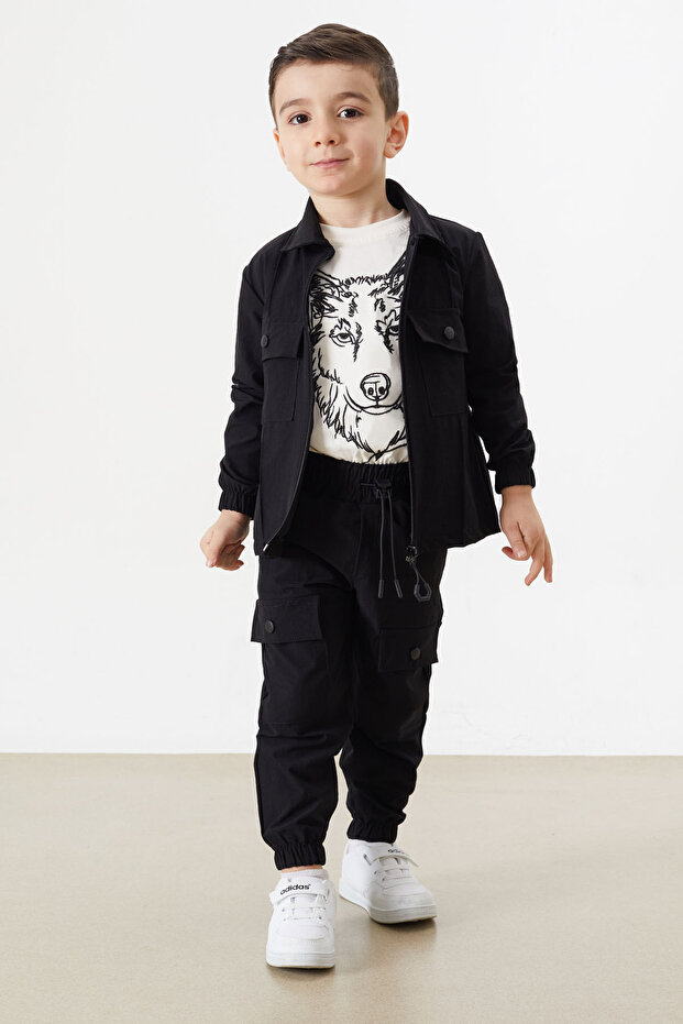 Boys' Parachute Suit with Wolf Embroidered T-Shirt Jacket and Pants 18317