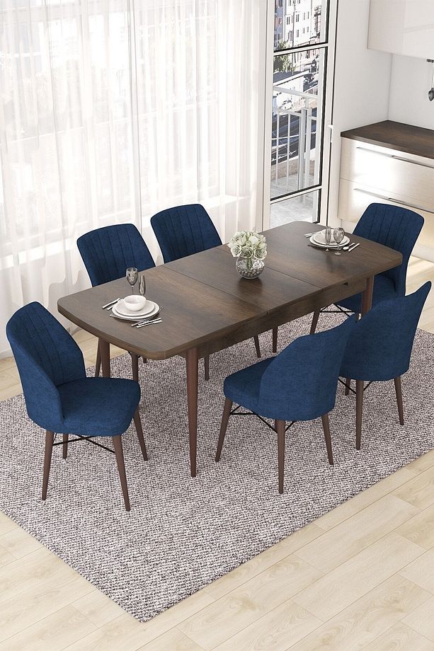 Nef Serisi 70x114 Açılabilir Mdf Barok Ahşap Desen Masa Takımı Ve 6 Lacivert Sandalye - 2