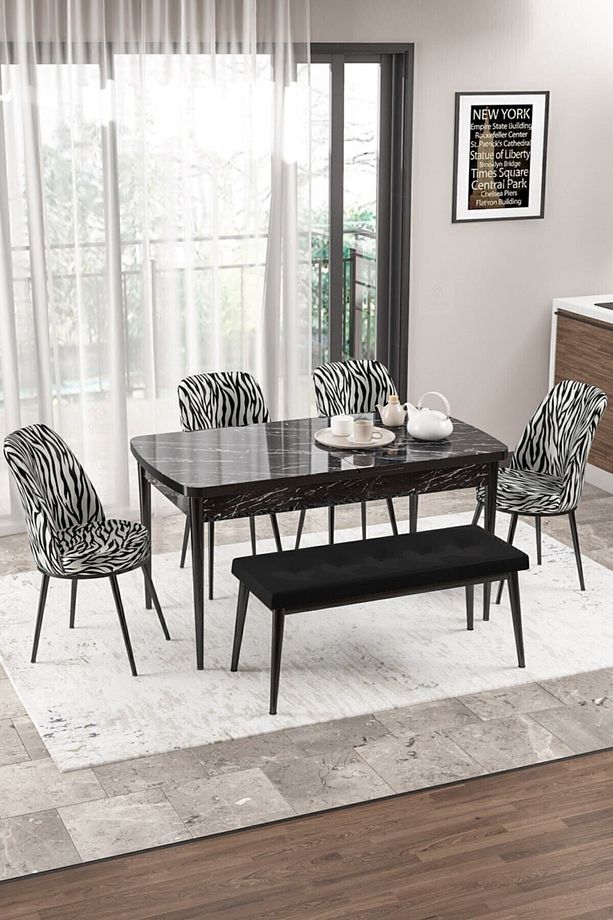 Via Serisi Beyaz Mutfak Masası Takımı Beyaz Ayak 4 Zebra Sandalye Ve Siyah Bench - 1